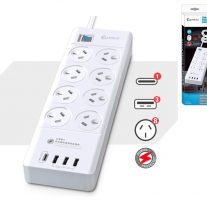 Sansai 8 Outlet 3*USB-A & 1*USB-C Powerboard Master On/Off switch Surge and overload protected 1M 20W 220-240V 10A IV Retail box